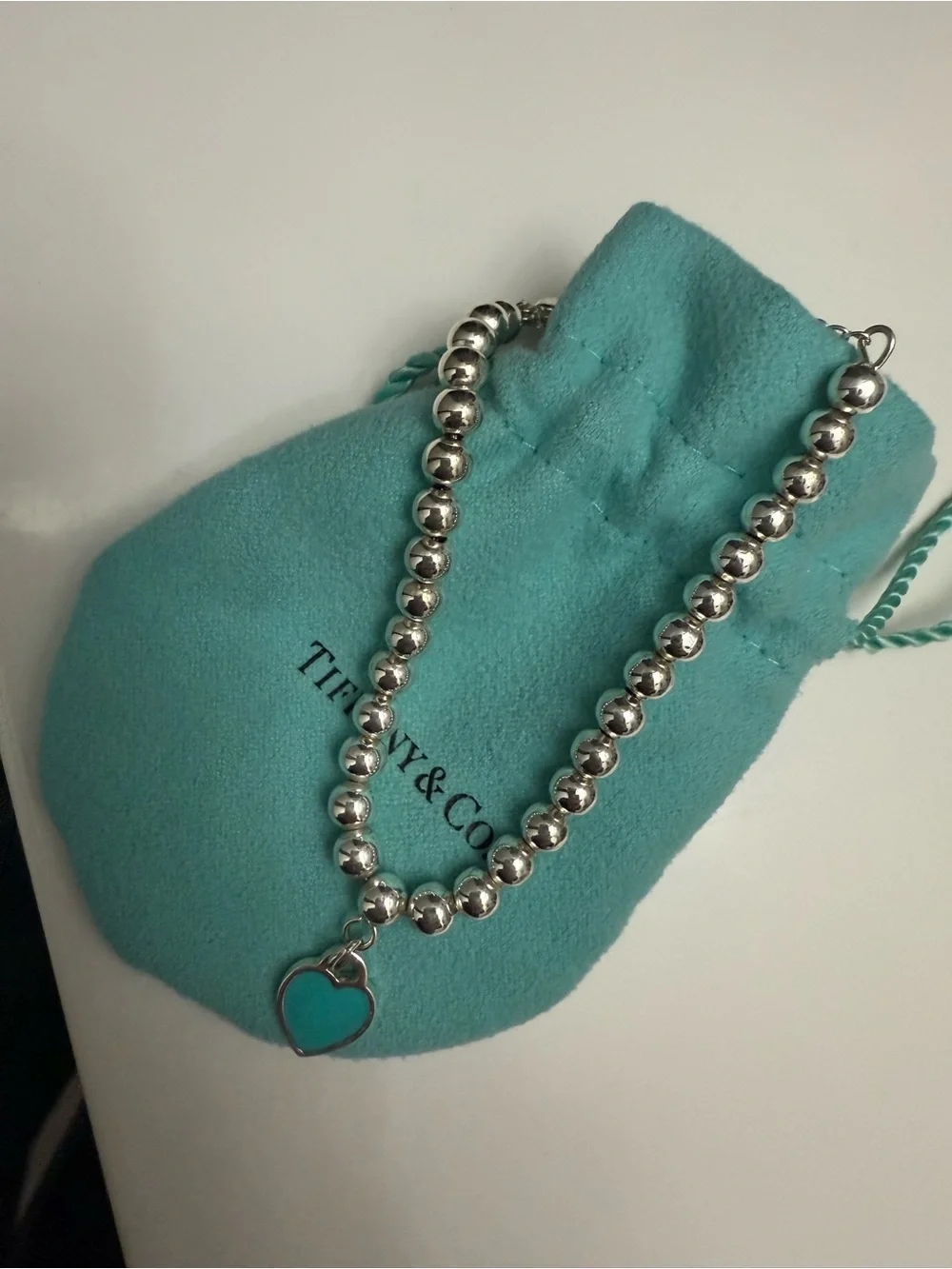 Silver Bead Necklace with Turquoise Heart Pendant